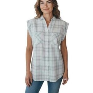 2/$30 UNTUCKit Women's Villefranche White & Grey Cap Sleeve Plaid Button Down